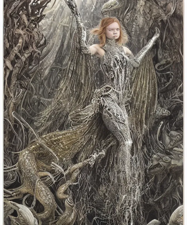 Prompt: a portrait photograph of a fierce sadie sink as a strong alien harpy queen with amphibian skin. she is dressed in a silver and black lace shiny metal slimy organic membrane vest and transforming into an evil insectoid snake bird. by donato giancola, walton ford, ernst haeckel, peter mohrbacher, hr giger. 8 k, cgsociety