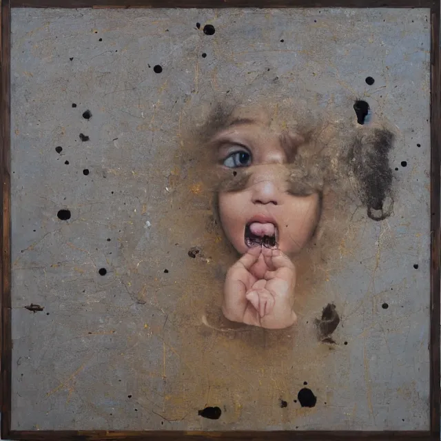 Prompt: the uncertain is cute. oil and found materials on canvas, 1 5 0 cm x 1 5 0 cm. moma.
