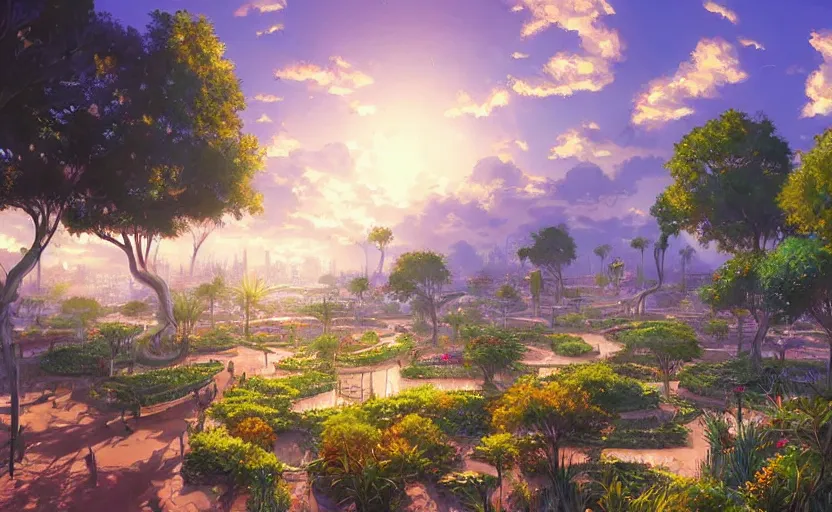 Image similar to beautiful detailed landscape artwork of the futuristic gardens of babylon, golden hour, masterpiece by Makoto Shinkai