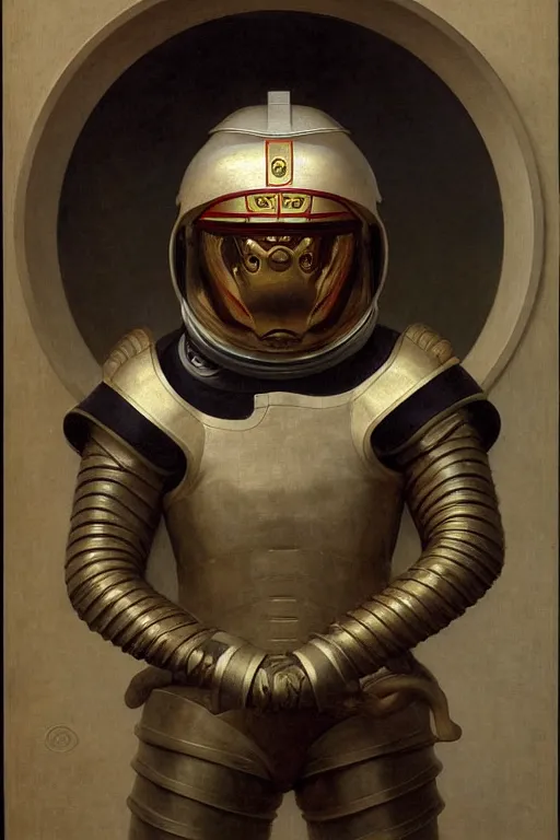 Image similar to portrait of a astronaut is a chinese dragon in armor and helmet, majestic, solemn, by bouguereau