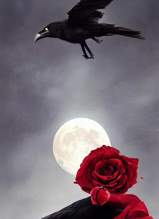 Prompt: portrait, A crow with red eyes in front of the full big moon, book cover, red roses, red white black colors, establishing shot, extremly high detail, foto realistic, cinematic lighting, by Yoshitaka Amano, Ruan Jia, Kentaro Miura, Artgerm, post processed, concept art, artstation, raphael lacoste, alex ross, portrait, A crow with red eyes in front of the full big moon on a skinny tree, book cover, red roses, red white black colors, establishing shot, extremly high detail, foto realistic, cinematic lighting, by Yoshitaka Amano, Ruan Jia, Kentaro Miura, Artgerm, post processed, concept art, artstation, raphael lacoste, alex ross