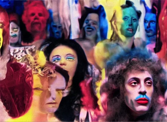 Image similar to still from art house film by alejandro jodorowsky, harmony korine and kenneth anger : : surreal scene in a picturesque setting : : close up of the actors'faces : : cinemascope, technicolor, 8 k