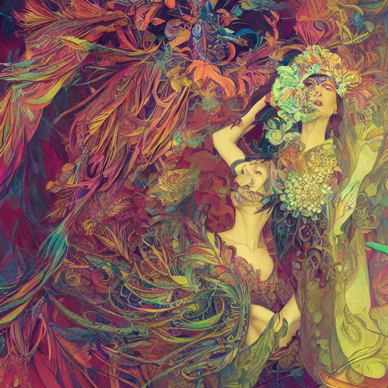 Image similar to A reality bending psychedelic ayahuasca experience, colorful, distorted, surreal, tropical bird feathers, dramatic lighting on the face, intricate, elegant, highly detailed, digital painting, concept art, smooth, sharp focus, illustration, art by Krenz Cushart and Wayne Barlowe and alphonse mucha