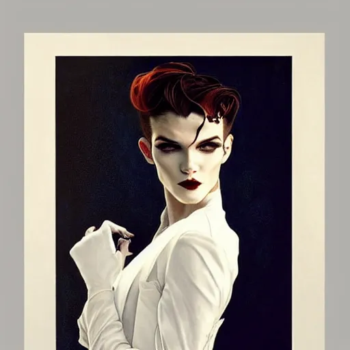 Image similar to beautiful portrait of androgynous ruby rose as desire from sandman in a white tuxedo!!!, rockabilly style,, by alphonse mucha, by jeremy mann, by peter lindbergh, dave mckean, by frank moth, white suit and black tie, soft lightning, high detailed, 8 k