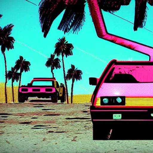 Image similar to wasteland hotline miami desert apocalypse car wide shot landscape nuke fire craters end of the world miami beach sunset palm trees 80s synth retrowave delorean decal