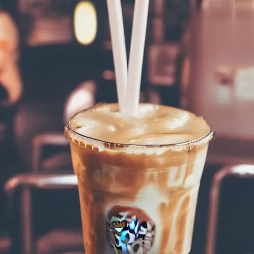 Prompt: iced latte in a 50s diner, photography, 50s theme