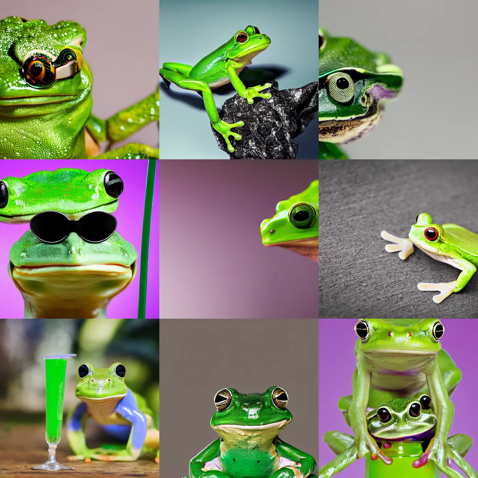 Prompt: a green frog drinking from a white bendy straw, cute. a green frog holding a juice box, purple. a green frog wearing a black shirt, badass. a green frog wearing white sunglasses, cool. macrophotography