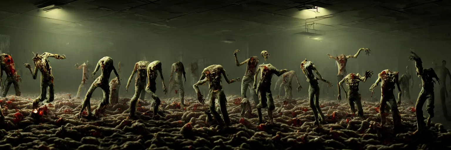 Image similar to undead zombies grabbing on moldy hamburgers with their hands inside a dark dingy restaurant, moldy hamburgers of various type all pile up very high around them, atmospheric lighting, foggy, very intricate details, hyper realistic, 8 k, movie concept art, octane render, - h 5 1 2