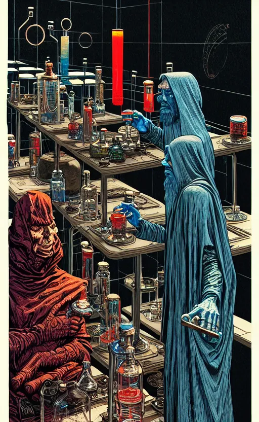 Image similar to ancient cloaked wizards mixing potions in his laboratory, high details, intricately detailed, by vincent di fate, inking, 3 color screen print, masterpiece, trending on artstation,, sharp, details, hyper - detailed, hd, 4 k, 8 k