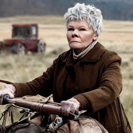 Prompt: Judy Dench playing Daniel Plainview in There Will Be Blood