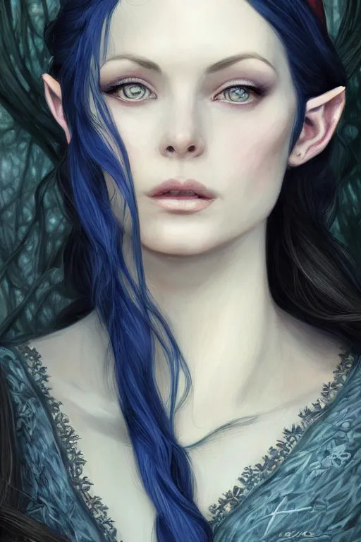 Prompt: portrait, headshot, digital painting, of elven girl Arwen, beautiful, tall, long dark hair, dark blue satin dress, realistic, hyperdetailed, chiaroscuro, concept art, art by waterhouse