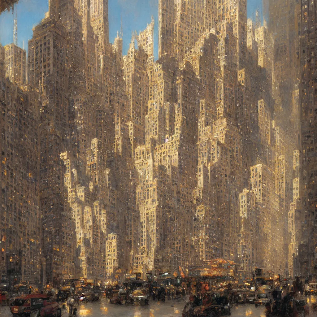 Image similar to detailed cinematic low angle shot of new york chrysller building, spring light, painting by gaston bussiere, craig mullins, j. c. leyendecker