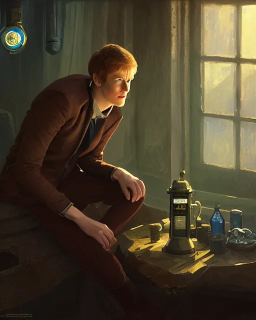 Image similar to medium - shot oil of vislor turlough played by mark strickson at age 1 8, sitting at the alien space pub, from doctor who series, artstation, highly detailed digital painting, smooth, global illumination, fantasy art by greg rutkowsky, karl spitzweg, leyendecker