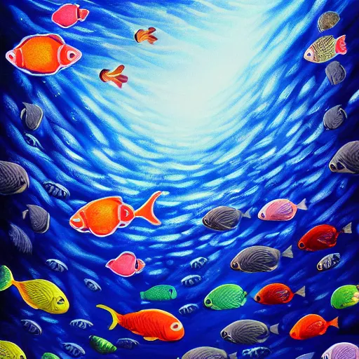 Image similar to i am at the bottom of the ocean looking up, see fishes swimming, the milk way up above, night time, midnight. highly detailed painting 8 k