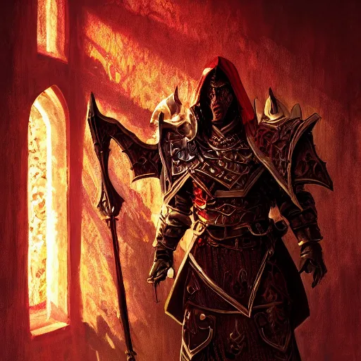 Image similar to blood paladin, fantasy art, located in a castle, legendary armor, red sunlight through the window, decorated, high quality, highly detailed,