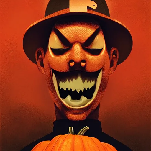 Prompt: scary pumpkin nurse cap, symmetrical face, evil grin, portrait size, cinematic, dramatic, super detailed and intricate, by koson ohara, by darwyn cooke, by greg rutkowski