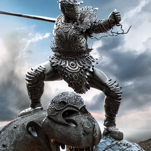 Prompt: warrior with metal jaguar armour, highly detailed, 4k, HDR, smooth, sharp focus, hyper realistic, high resolution