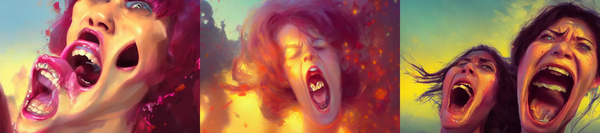 Prompt: woman screaming into the camera, youtube thumbnail, acrylic painting, highly detailed, saturated colors, by greg rutkowski and thomas kinkade trending on artstation