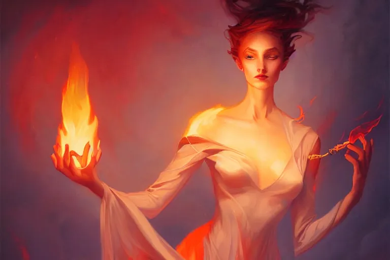 Prompt: fantasy portrait of a woman holding a flame in her hand, peter mohrbacher, artgerm, James Jean