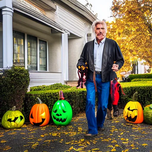 Image similar to harrison ford trick or treating on halloween, ( sony a 7 r iv, symmetric balance, polarizing filter, photolab, lightroom, 4 k, dolby vision, photography awardm, voque, perfect face )