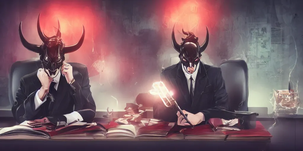 Image similar to dark lord sitting at desk large horns and suit, medium shot, portrait, semi realistic anime, red demon cyberpunk symbols