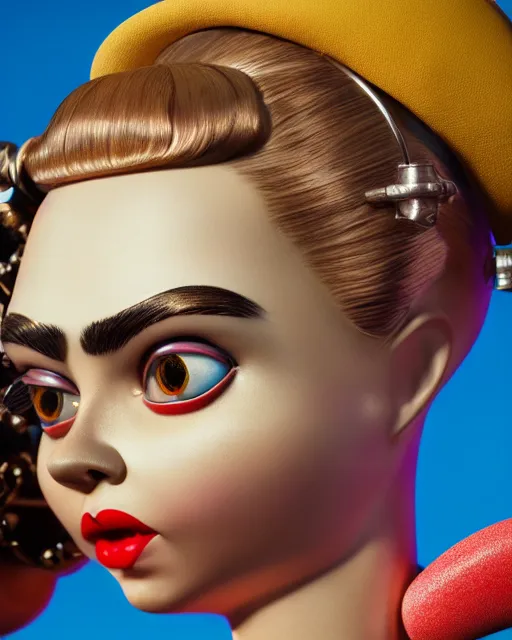 Prompt: highly detailed closeup, face profile portrait of a tin toy retro 1 9 5 0 s cara delevingne, bikini, unreal engine, nicoletta ceccoli, mark ryden, earl norem, lostfish, global illumination, detailed and intricate environment