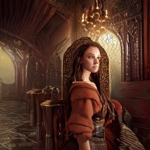 Image similar to the elder scrolls vi, charismatic regal humble brunette female jarl, portrait, throne room, atmospheric lighting, painted, intricate, volumetric lighting, beautiful, daytime, sunny weather, slight overcast, sharp focus, deep colours, ultra detailed, by leesha hannigan, ross tran, thierry doizon, kai carpenter, ignacio fernandez rios