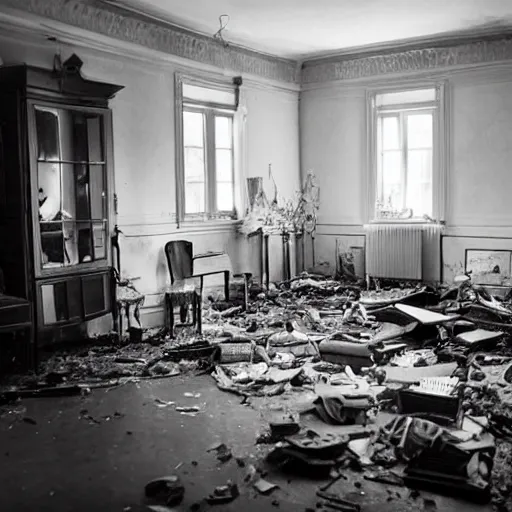 Image similar to 1 9 3 0 s haunting by pegi nicol macleod, by simon birch. a sculpture of a room that is wrecked, furniture overturned, belongings strewn about, & debris everywhere. the only thing left intact is a photograph on the wall shows a tidy, well - appointed space, with everything in its place.