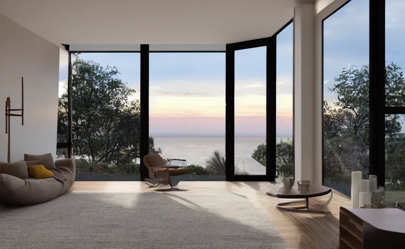 Image similar to a interior photo of a furnished modern house with a large window with view to the sea at sunset, octane render, unreal engine 5, godrays, ray tracing, hyperrealistic, full of luxury furniture, calm, relaxing, complementary colors, warm lighting, clouds in the sky, concept art, 4k, high quality, highly detailed, trending on DeviantArt, beautiful