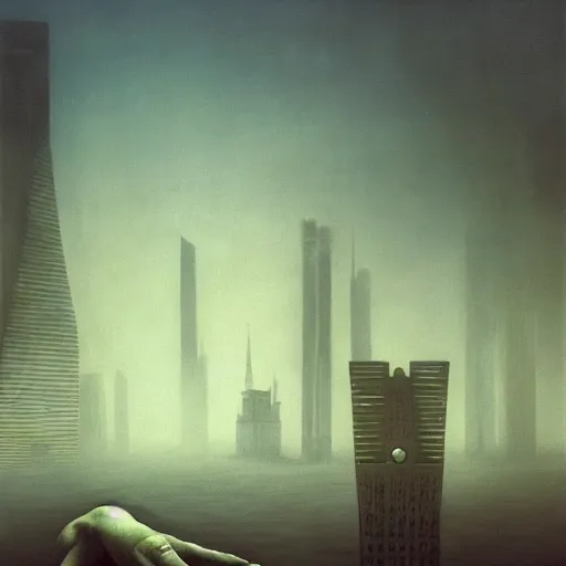 Prompt: arm reaching out of thick fog, busy city in background, round buildings in background, smooth architecture, organic, sophisticated, zdzislaw beksinski, architecture of frank lloyd wright, zaha hadid, norman foster