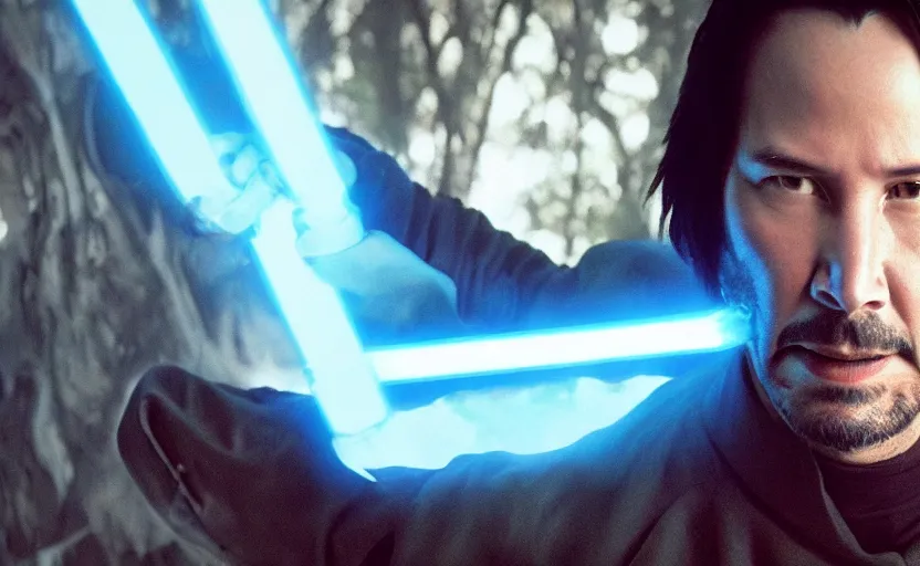 Image similar to keanu reeves as a jedi master with a blue lightsaber fighting a sith lord in an ancient bioluminescent forest, perfect symmetrical face, full moon, moody lighting, 8 k, shallow depth of field, intricate detail,