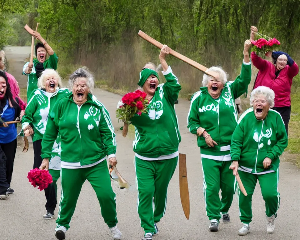 Prompt: a gang of old ladies waving machetes, and carrying flowers, and wearing green and white Umbro track suits, with blood splatters laughing maniacally and screaming