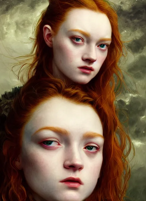 Image similar to sadie sink portrait demon half human, elegant, wearing a bomber jacket, armor, hyper realistic, whitehorns, extremely detailed, dnd character art portrait, fantasy art,, dramatic lighting, vivid colors, artstation, by edgar maxence and caravaggio and michael whelan and delacroix, lois van baarle and bouguereau