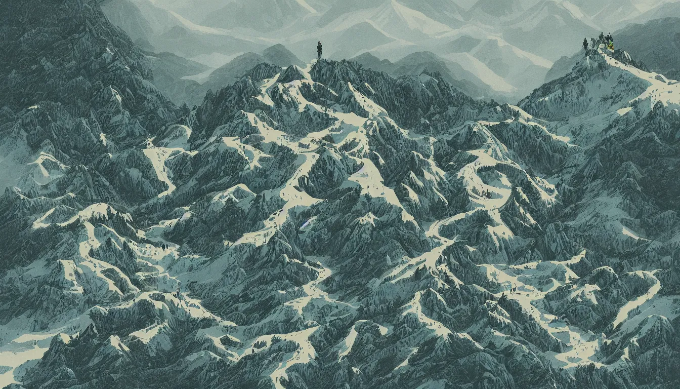 Prompt: a bunch of hikers going up a mountain, view from above, victor ngai