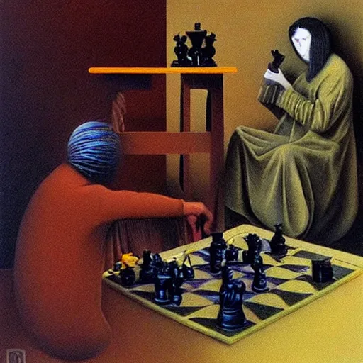 Prompt: oil painting depicting people playing chess, painting by zdzislaw beksinski