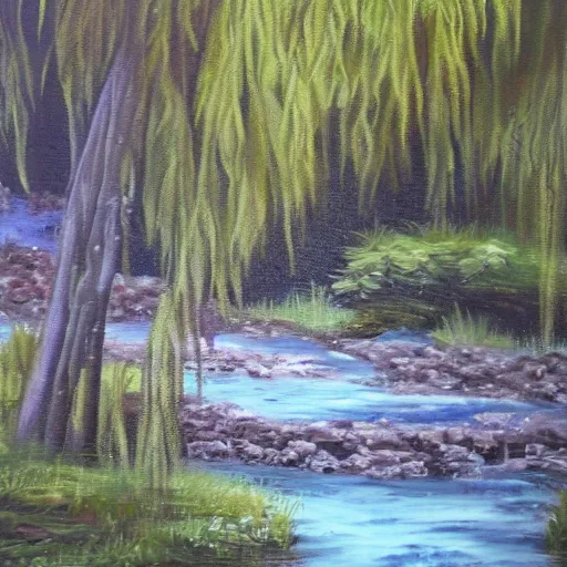 Prompt: oil painting of a babbling brook with willow trees surrounding it, photorealistic, 8k