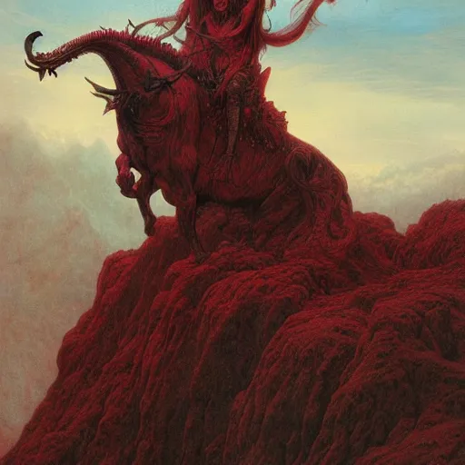 Image similar to a masterpiece! matte painting portrait of a scarlet - colored beast with seven ( 7 ) heads and ten ( 1 0 ) horns by gustave dore and stephen hickman and allen williams, trending on artstation, cgsociety, 8 k hd, earthtone colors, a cloaked woman riding the back of the beast