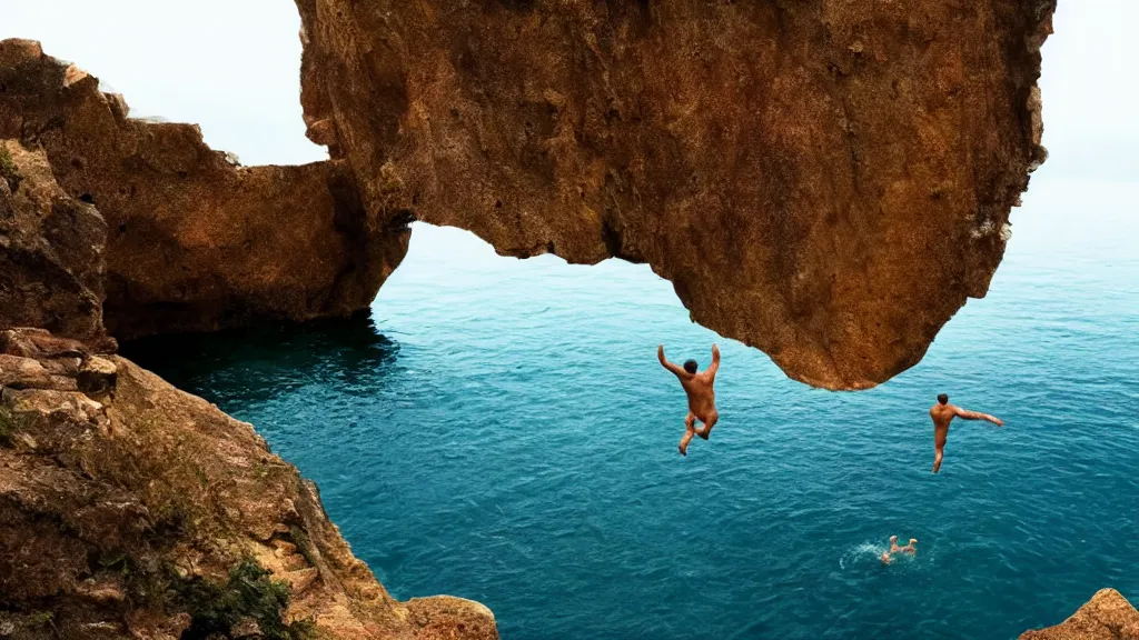 Image similar to a man cliff jumping into waters that are actually a portal to another dimension, film still from the movie directed by Denis Villeneuve with art direction by Salvador Dalí, wide lens