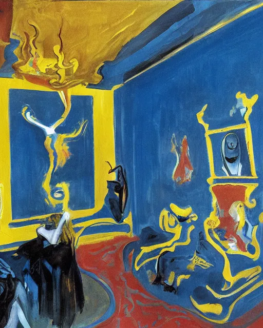 Prompt: blue people and a dark figure seated on a throne with clouds at red and yellow art deco interior room in the styleof Francis Bacon and Chaïm Soutine, open ceiling, highly detailed, painted by Francis Bacon and Edward Hopper, painted by James Gilleard, surrealism, airbrush, art by JamesJean