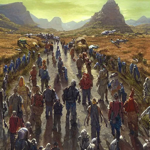 Prompt: A pilgrimage road crowded with walkers, some of them lizards, others robots, art by James Gurney, art by David Macaulay