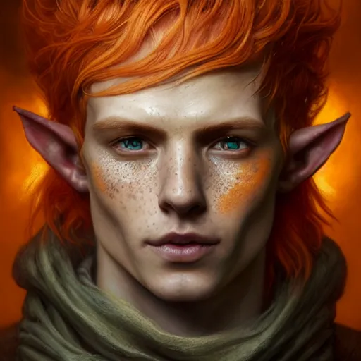 Image similar to portrait painting of an elven eladrin young man with short light orange hair and freckles and tree tattoos on his cheekbones, ultra realistic, concept art, intricate details, eerie, highly detailed, photorealistic, octane render, 8 k, unreal engine. art by artgerm and greg rutkowski and charlie bowater and magali villeneuve and alphonse mucha