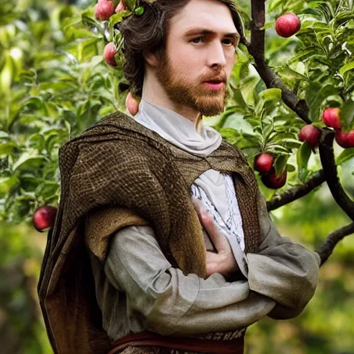 Prompt: portrait of a slender elven man, standing in an apple orchard, dressed in medieval clothes, very handsome, fantasy, dungeons and dragons