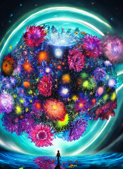 Image similar to An epic fantastic realism comic book style painting of the most beautiful spiraling flowers launched across the dark and starry night sky, nebulous bouquets, fisheye lens, unreal 5, DAZ, hyperrealistic, octane render, dynamic lighting