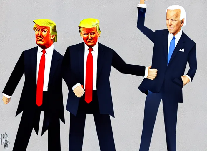 Image similar to donald trump and joe biden in handcuffs going to jail, digital art, trending on artstation, highly detailed, illustration, concept art, elegant, beautiful, masterpiece