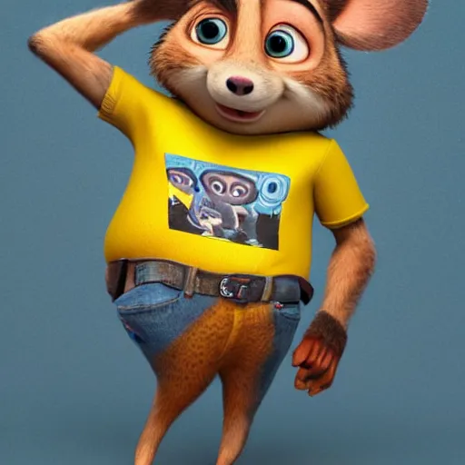Prompt: 3 d render, portrait, upper body shot, mid shot, anthropomorphic mouse, female, wearing denim short shorts and a off yellow tank top shirt, solo, in the style of zootopia