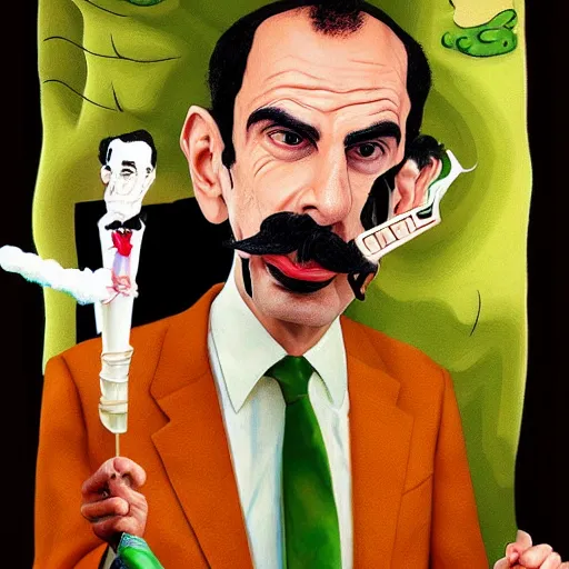 Image similar to Borat smoking a giant joint, caricature, smoke, amazing detail, digital art, artstation
