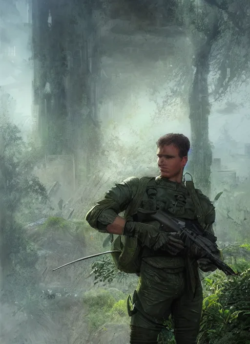 Prompt: portrait of a young richard dean anderson wearing a green combat uniform, in a post apocalyptic city, overgrown with plants, by wlop, luis royo and greg rutkowski, cover illustration, concept art, volumetric lighting, volumetric atmosphere, sharp focus, octane render, trending on artstation, 8 k