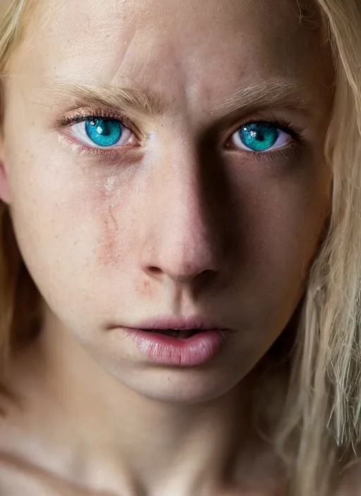 Image similar to face portrait of a nordic girl, big green eyes, light golden blonde hair, greek nose, low and wide forehead, glowing skin, face expression of contempt, ultra hd, hyper - realistic photograph, 8 k