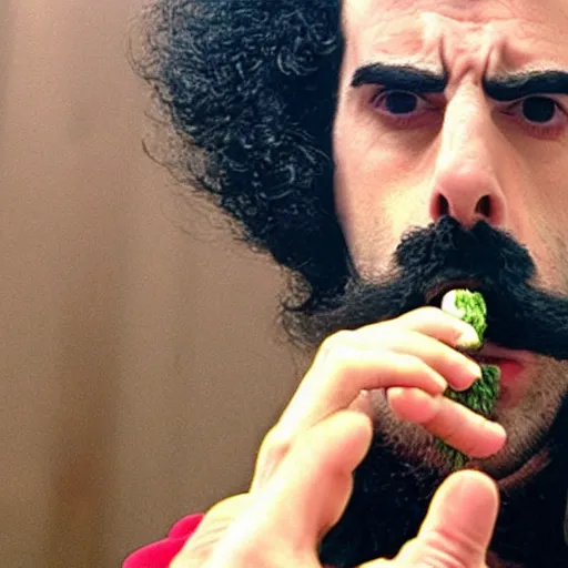 Prompt: Sacha Baron Cohen as borat smoking a giant rolled cannabis cigarette, smoke, 8k, hyper-detailed