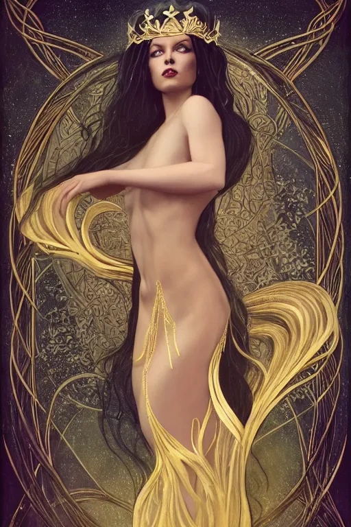 Image similar to a beautiful dark androgynous mermaid, pinup pose, long hair, tall and thin, wearing dozens of pendants and a gown of gold, small delicate crown of the sea on her head, illustration, dramatic lighting, soft details, painting oil on canvas, (art nouveau), octane render, HDR, 4k, 8k, HD, by Tom Bagshaw, Brom, Charlie Bowater, faces by otto schmidt